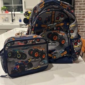 Potter Barn Kids Hot Wheels monster trucks large school bag and lunch kit.